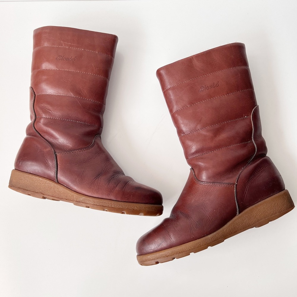 Blondo Leather Winter Boots Brown Quilted Faux Fur Lined Mid Calf Boho 70s Style